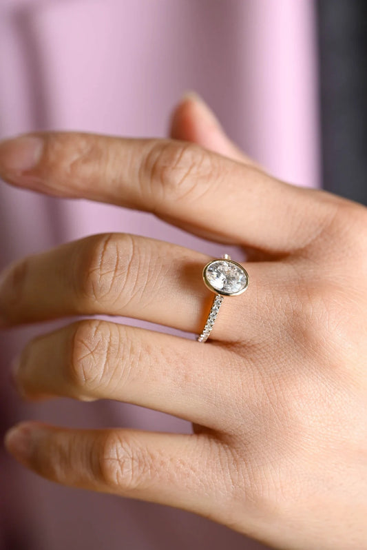 oval moissanite ring | bezel engagement ring | yellow gold bridal
