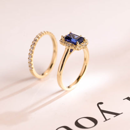 blue emerald cut cz diamond ring