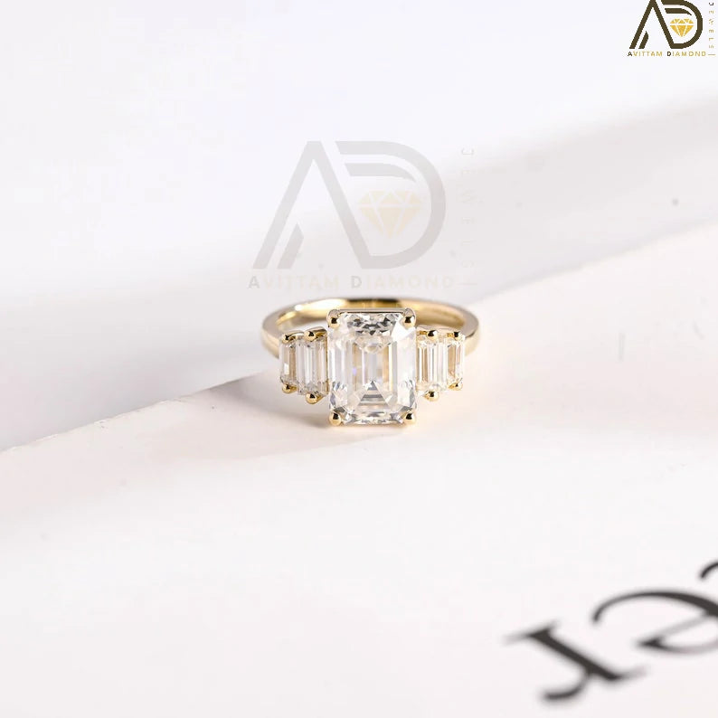 Emerald Cut Moissanite Ring | Baguette Cut Moissanite Ring | Emerald & Baguette Ring 