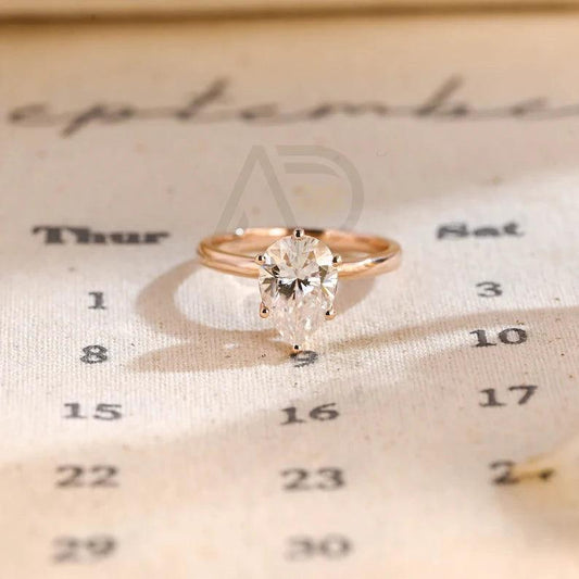 Pear Cut Moissanite Engagement Ring, Hidden-Halo Setting, Solid Gold Dainty Solitaire Wedding Ring, 6 Prong Setting, Women's Moissanite Ring, Customizable Fine Jewelry, Unique Wedding Band, Luxurious Symbol of Love, Timeless Elegance, Romantic Wedding Jewelry