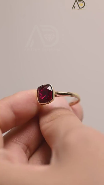 Elegant Solid Gold Cushion Cut Ruby Engagement Ring with Bezel, Classic Vintage Style, Ideal Promise Ring for July Birthstone