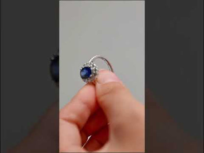 Royal Blue Oval Moissanite Halo Engagement Ring With Diamond Accents