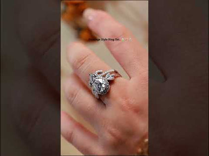 Oval Cut Halo Art Deco Floral Bridal Ring Set With Antique Style Band