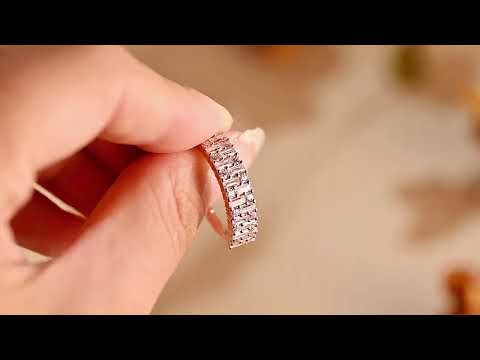 Elegant baguette& round cut moissanite half eternity band in solid gold. anniversary, wedding, or stacking ring with brilliant sparkle. Perfect gift for her.