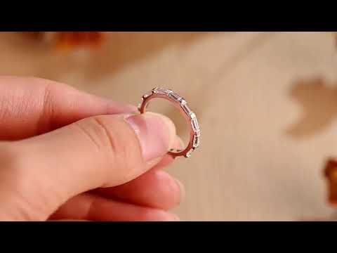Baguette cut moissanite full eternity band with bar-set stones for endless sparkle. A modern, timeless ring perfect for weddings, anniversaries, or stacking.