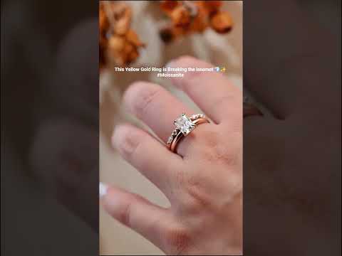 Radiant cut moissanite engagement ring set with marquise and round diamond accent floating pave wedding band in solid gold. Elegant, minimalist bridal ring set.