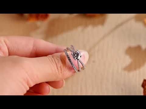 Round cut moissanite diamond split shank engagement ring with full eternity pave wedding band in solid gold, a luxurious bridal ring set for her.