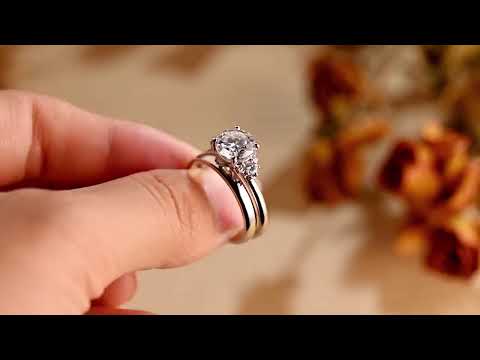 Round cut moissanite diamond cluster accent ring set with solitaire band. bridal ring set in solid gold, a timeless engagement and wedding ring set for her.