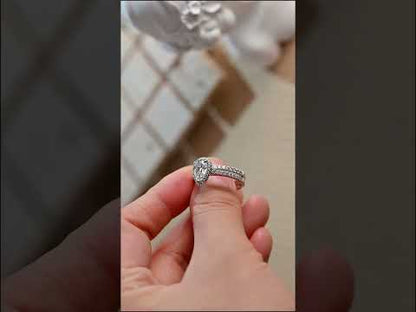 Pear Cut Moissanite Halo Engagement Ring Set With Half Eternity Band