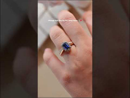 Royal Blue Emerald CZ Diamond Halo Bridal Ring Set With Matching Band